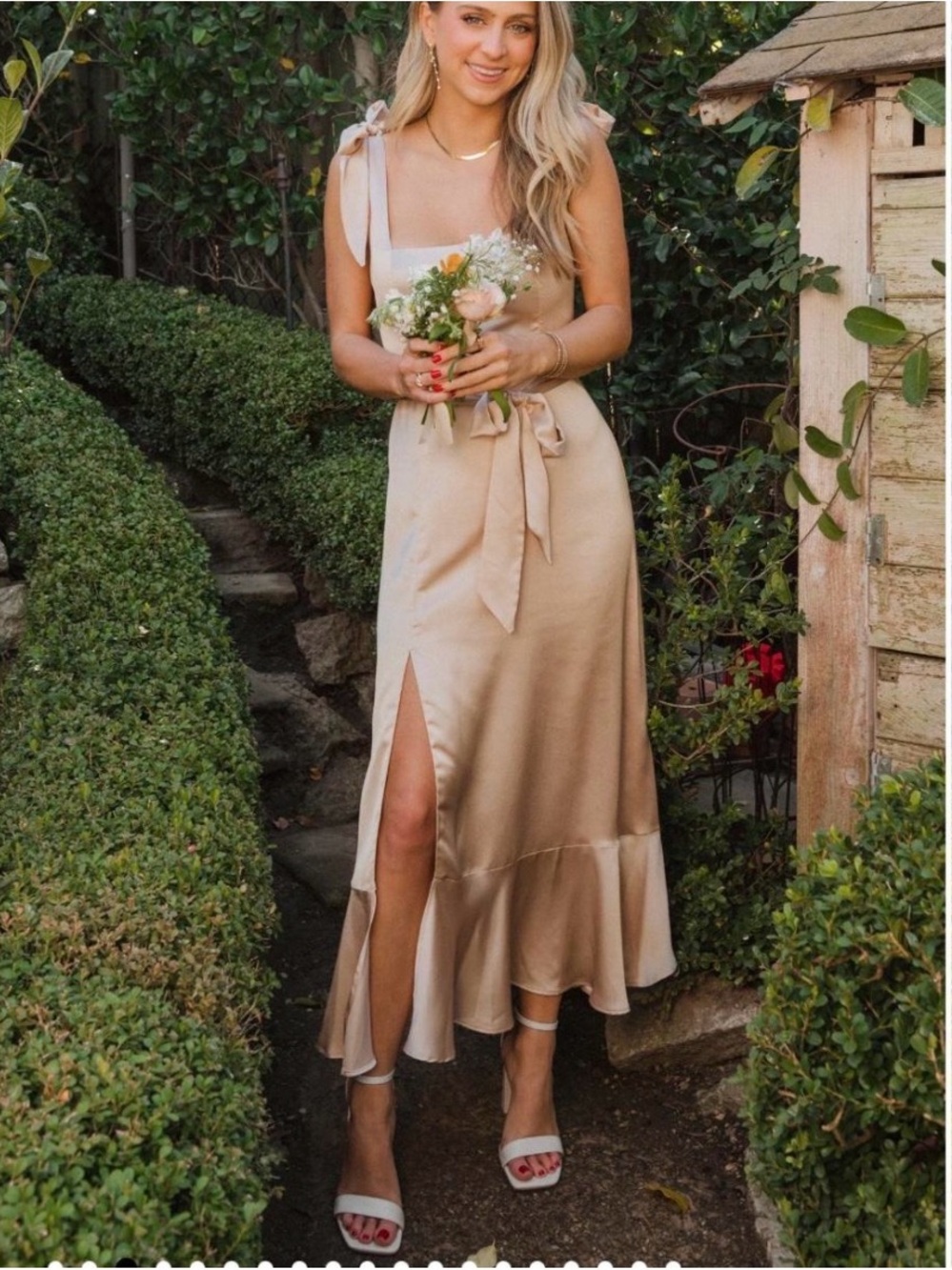Show Me Your MuMu Champagne Satin Midi Dress with Ruffle Hem